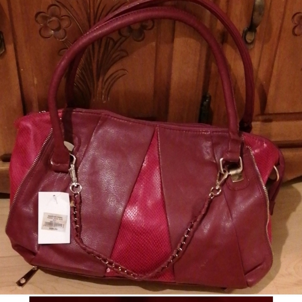 Red Fuax Leather Shoulder Bag with gold hardware